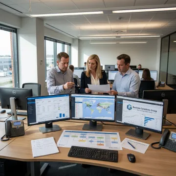 Supply chain consultants reviewing warehouse and logistics data