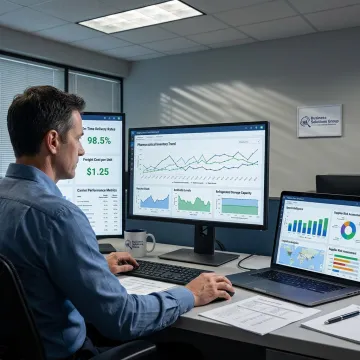 Analyst reviewing pharmaceutical logistics and inventory reports