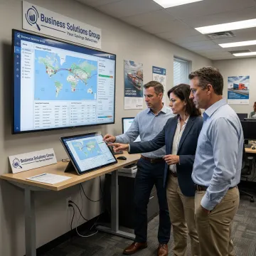 Global logistics planning team reviewing shipment data