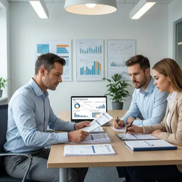 Consultant reviewing payment analytics with business leaders