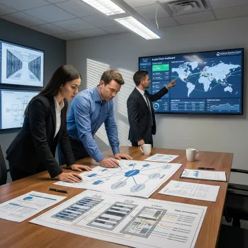 Telecom consultants reviewing network infrastructure plans