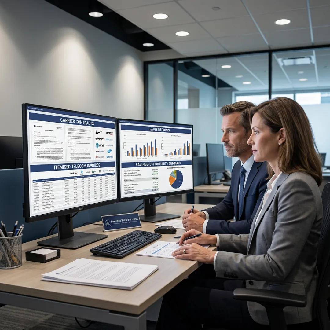 Consultants reviewing telecom invoices and contracts