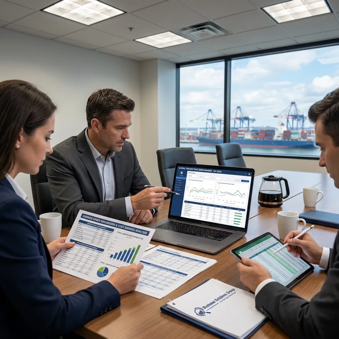 Business team reviewing logistics savings dashboard