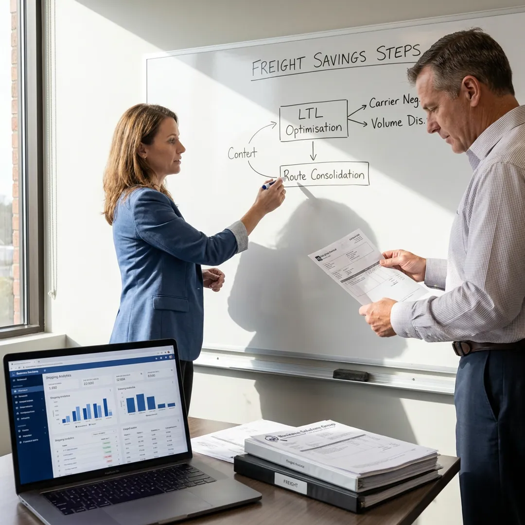 Consulting team reviewing logistics savings process