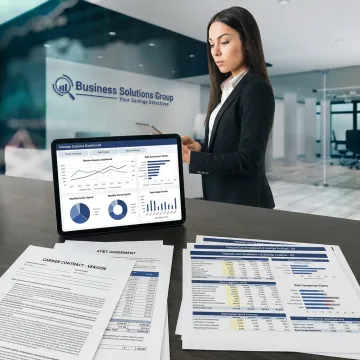 Consultants reviewing telecom finance strategy dashboards