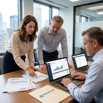 Consultants reviewing telecom cost data in a New York office