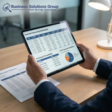Payments consultant reviewing merchant processing data