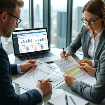 Consultants reviewing invoices and logistics analytics
