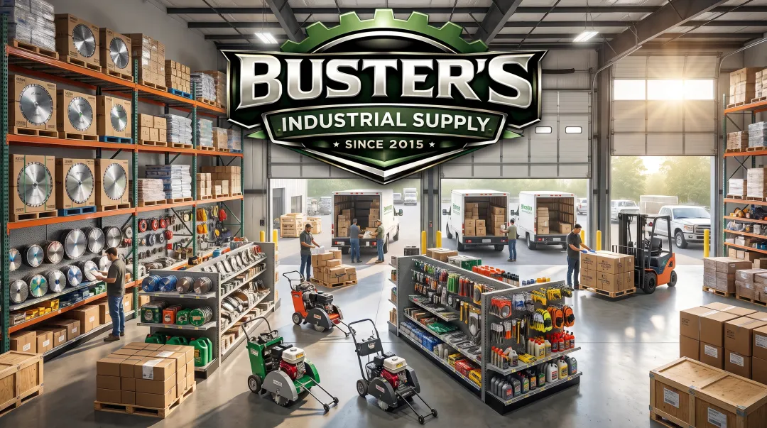 Buster's Industrial Supply warehouse shelves stocked with diamond blades