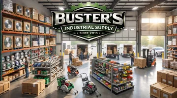 Buster's Industrial Supply warehouse shelves stocked with diamond blades