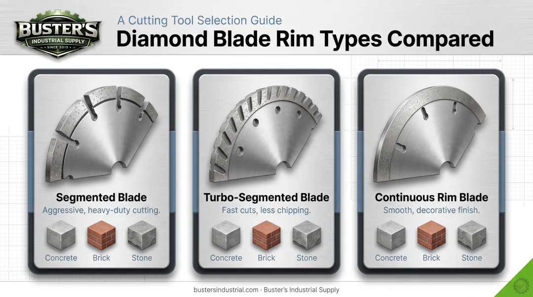 Segmented turbo-segmented and continuous rim diamond blade comparison chart