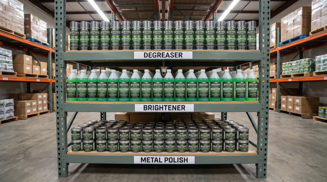 Buster's Industrial Supply degreasers and metal polish product lineup