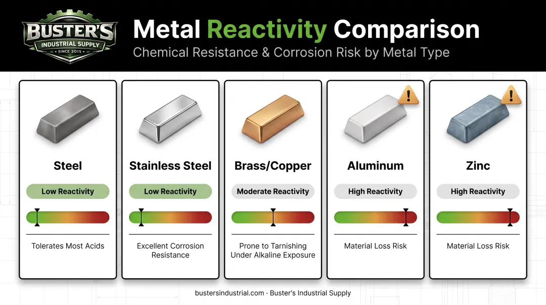 Metal reactivity comparison chart across acidic and alkaline cleaning chemistry