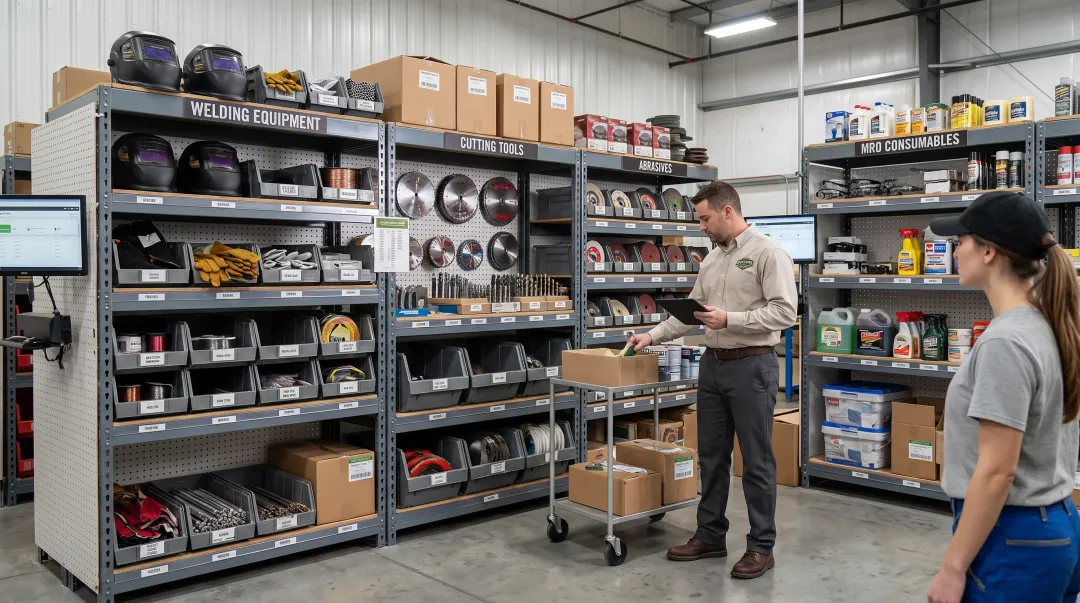 Vendor-managed inventory shelving system in industrial supply warehouse
