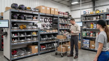 Vendor-managed inventory shelving system in industrial supply warehouse