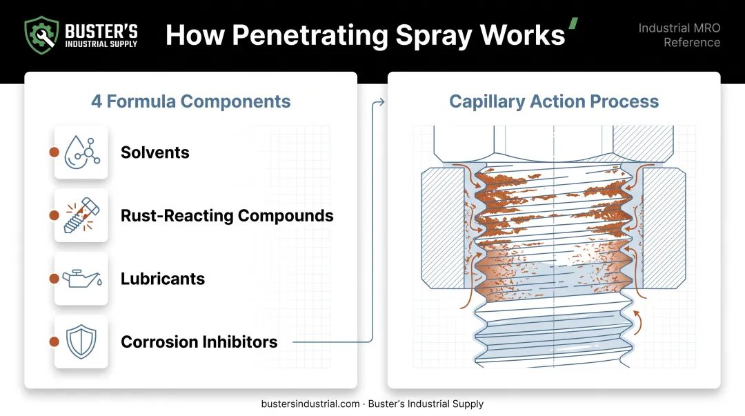 How penetrating spray formula breaks down rust through capillary action