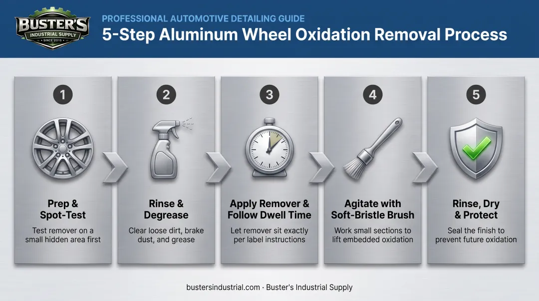 Step-by-step aluminum wheel oxidation removal process from prep to protection