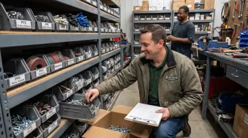 Buster's Industrial Supply representative performing on-site inventory stocking service