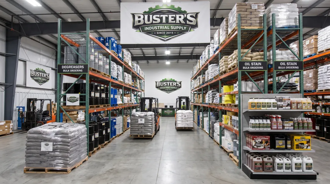 Buster's Industrial Supply warehouse shelves stocked with industrial degreasers