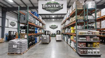Buster's Industrial Supply warehouse shelves stocked with industrial degreasers