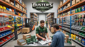 Buster's Industrial Supply warehouse staff organizing MRO product inventory