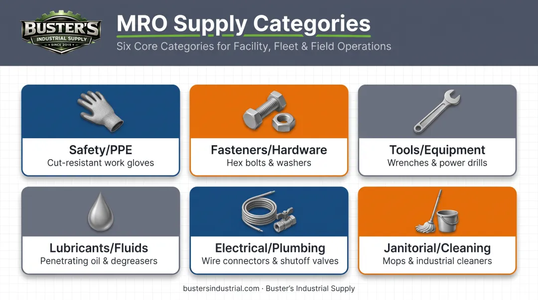 Six common MRO supply categories icons grid infographic