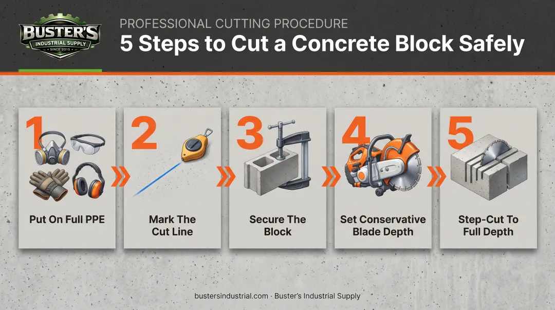 5-step process flow for cutting concrete block without cracking