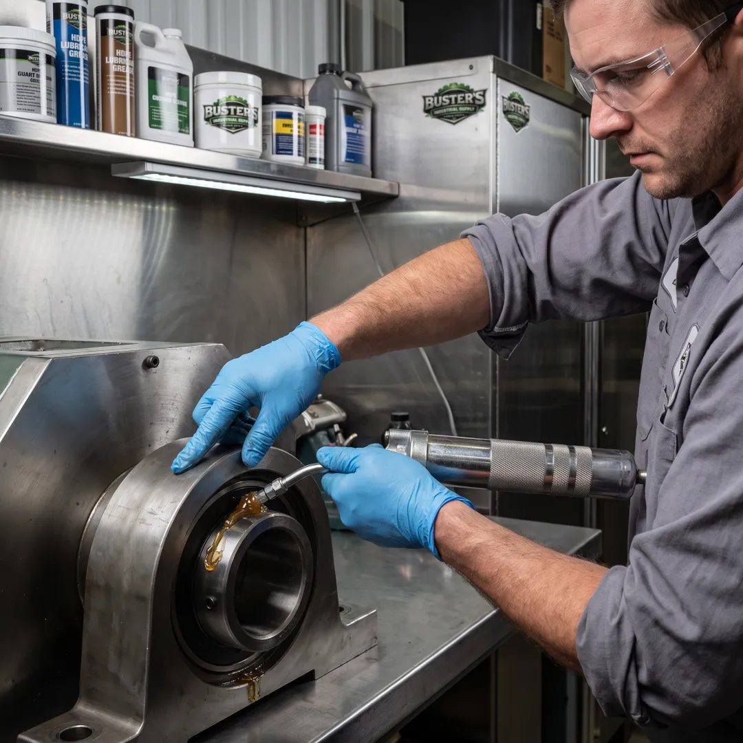 Technician applying grease to industrial equipment