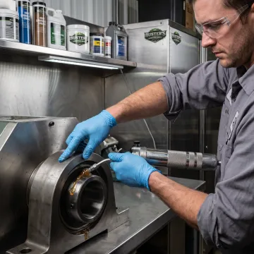 Technician applying grease to industrial equipment