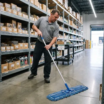 Maintenance worker using a blue microfiber dust mop