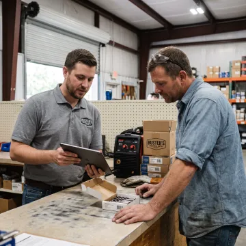 Industrial professional reviewing welding equipment and supplies