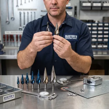 Technician selecting a step drill bit