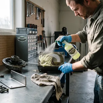 Industrial worker using citrus degreaser on machine parts