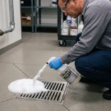 Facility worker cleaning a floor drain with foaming cleaner