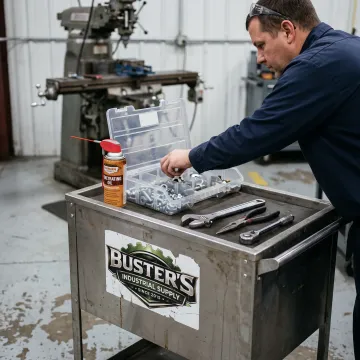Technician preparing maintenance supplies beside machinery