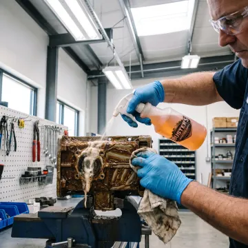 Worker cleaning industrial equipment with degreaser