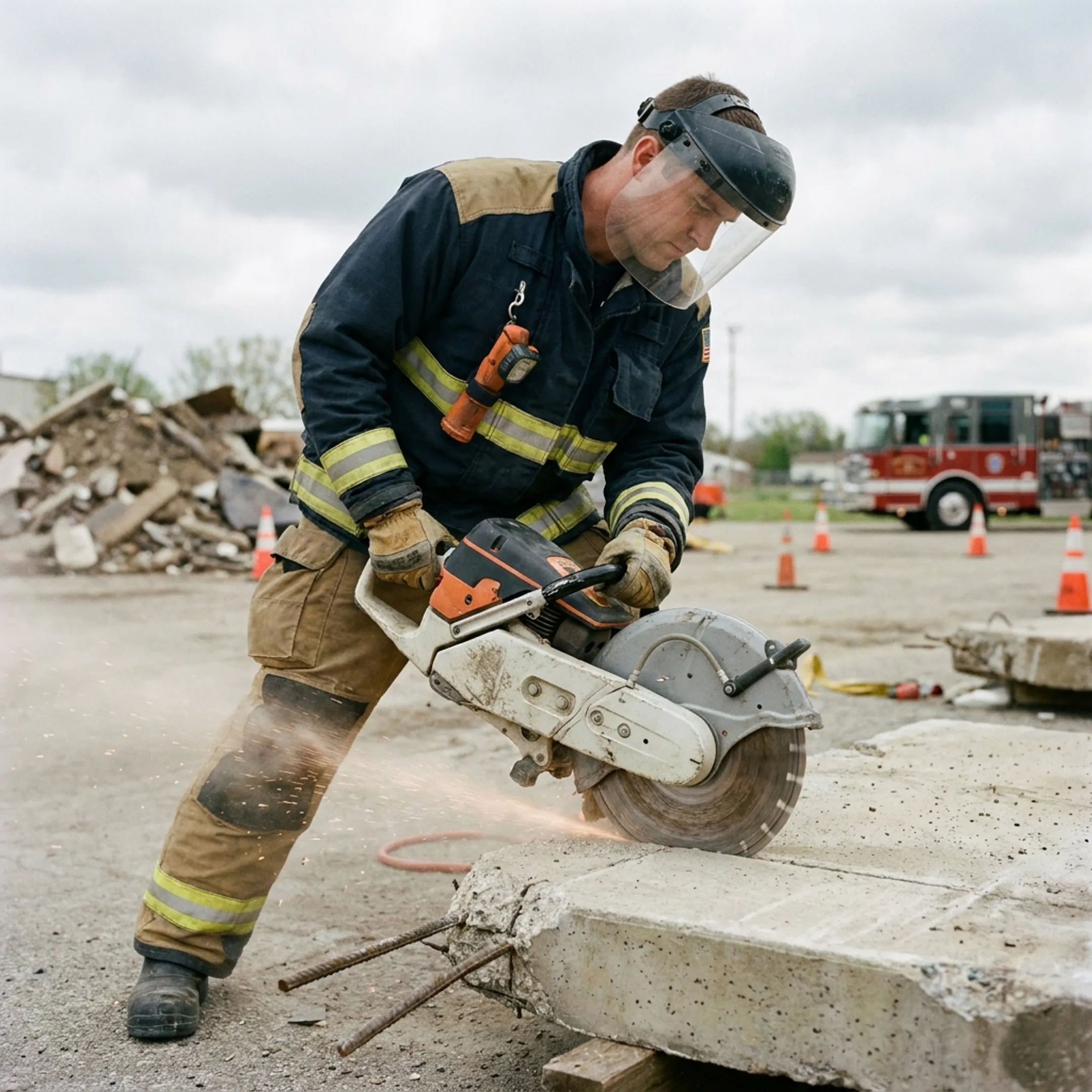 Rescue crew using diamond blade cutter