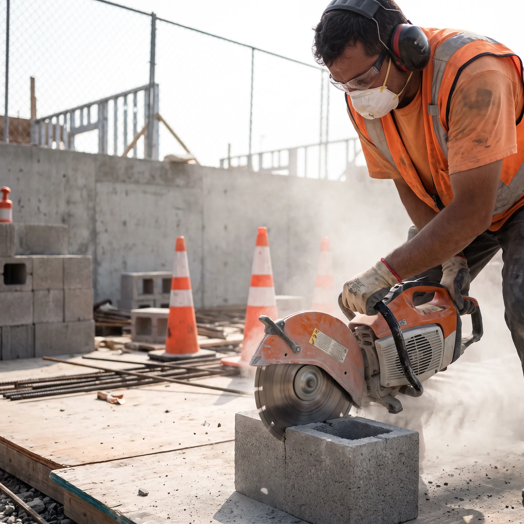 Construction worker cutting masonry block