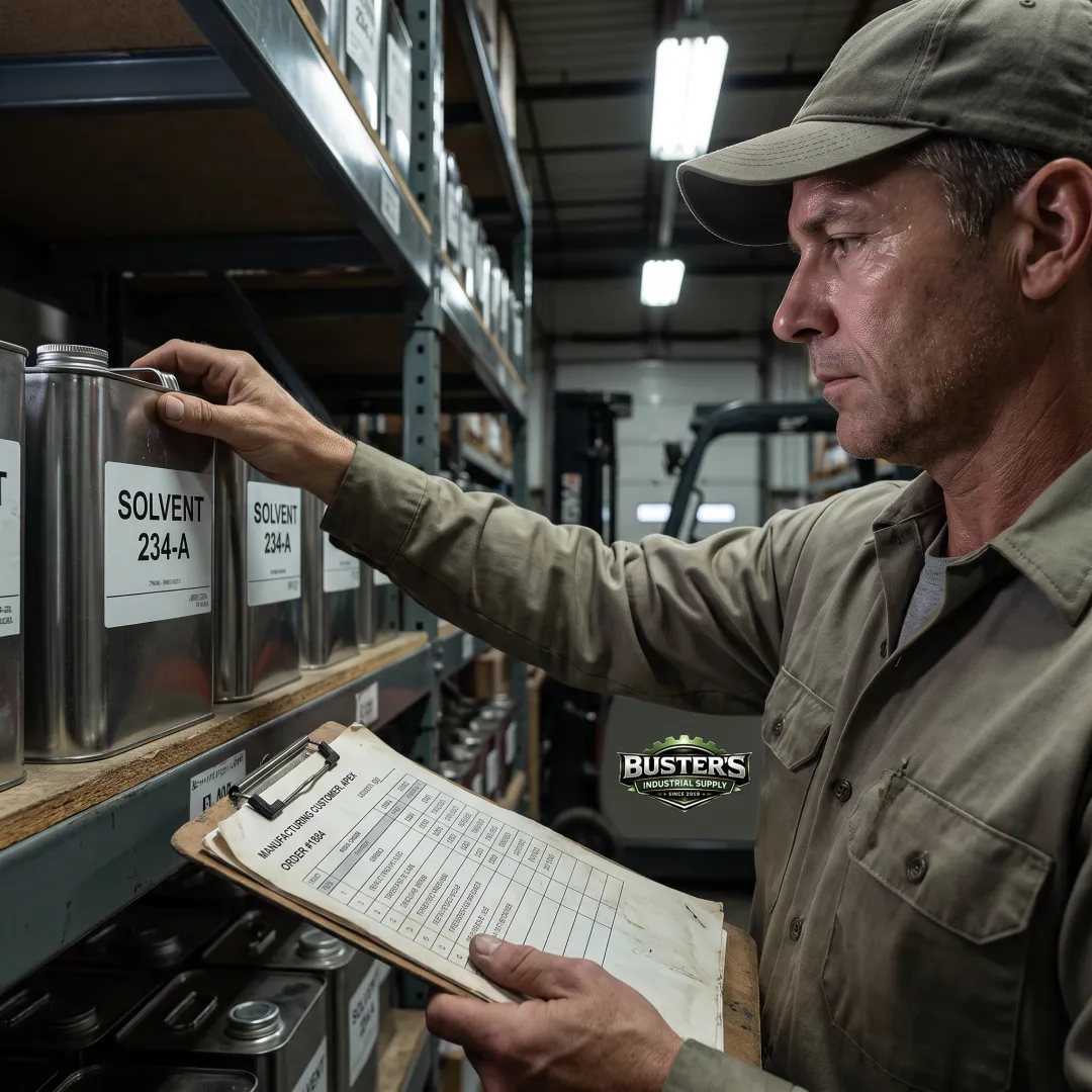 Worker selecting industrial solvent products from organized warehouse shelves
