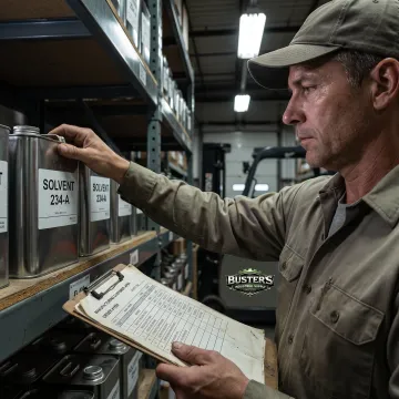 Worker selecting industrial solvent products from organized warehouse shelves
