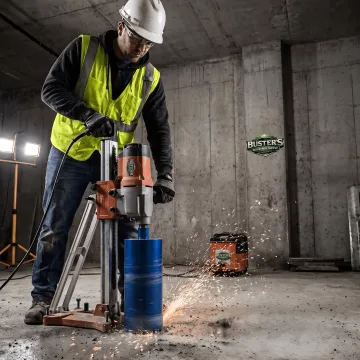 Industrial worker using a core drill