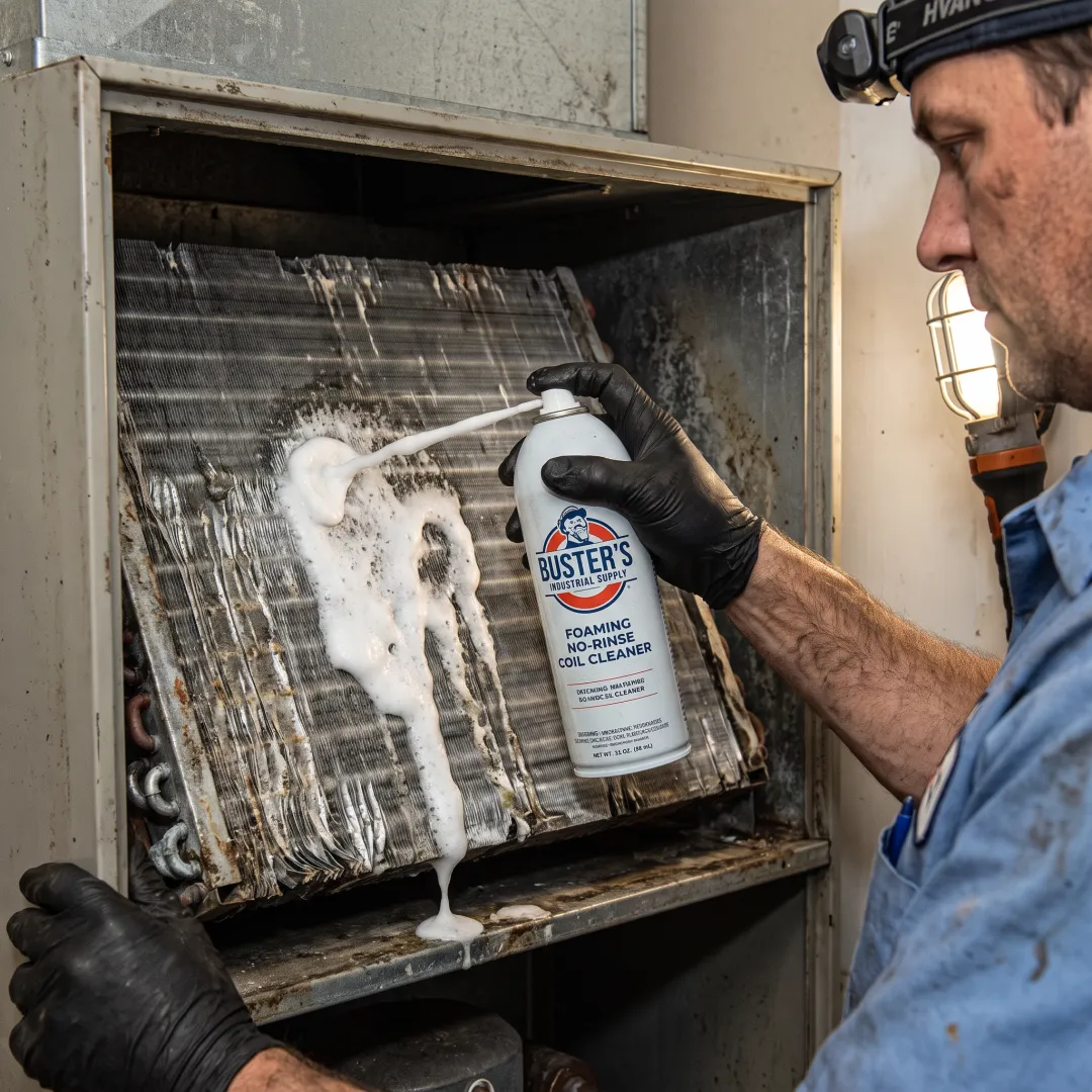 Foam cleaner being applied to an indoor evaporator coil