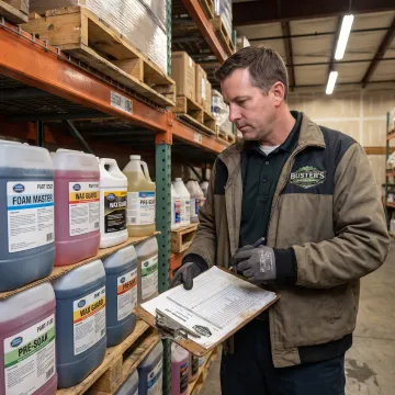 Team member reviewing car wash chemical inventory
