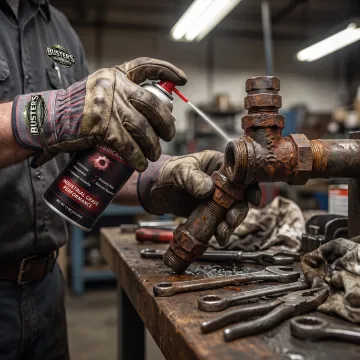 Industrial worker treating a corroded machine fitting with penetrating oil