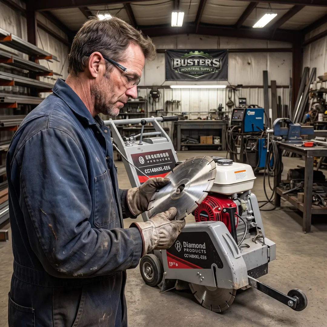 Industrial worker preparing concrete saw blade