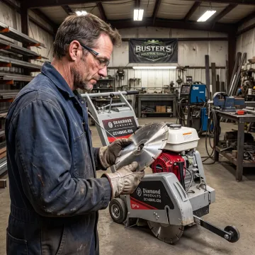 Industrial worker preparing concrete saw blade