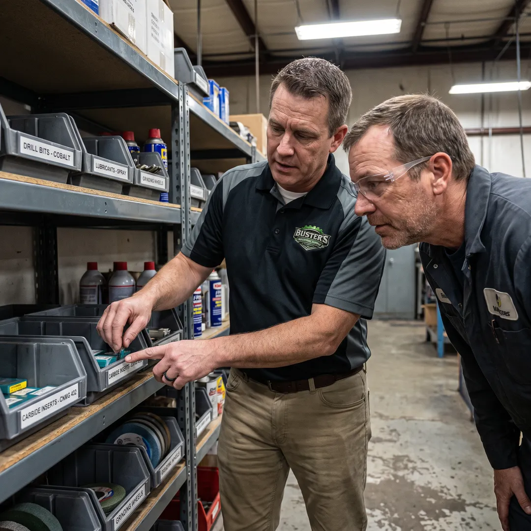 Industrial supply representative reviewing stocked products