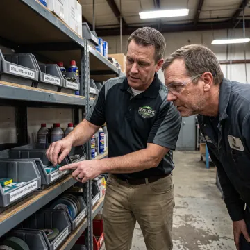 Industrial supply representative reviewing stocked products