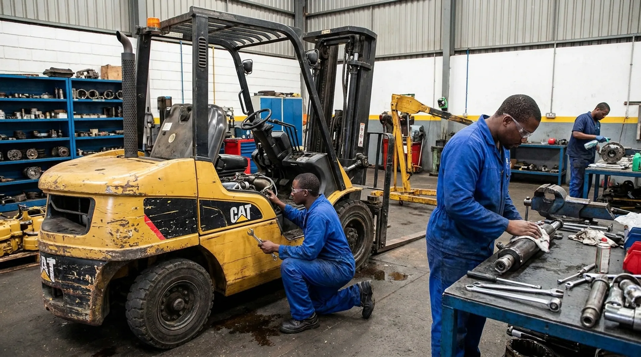 Used Caterpillar forklift technicians performing inspection and reconditioning