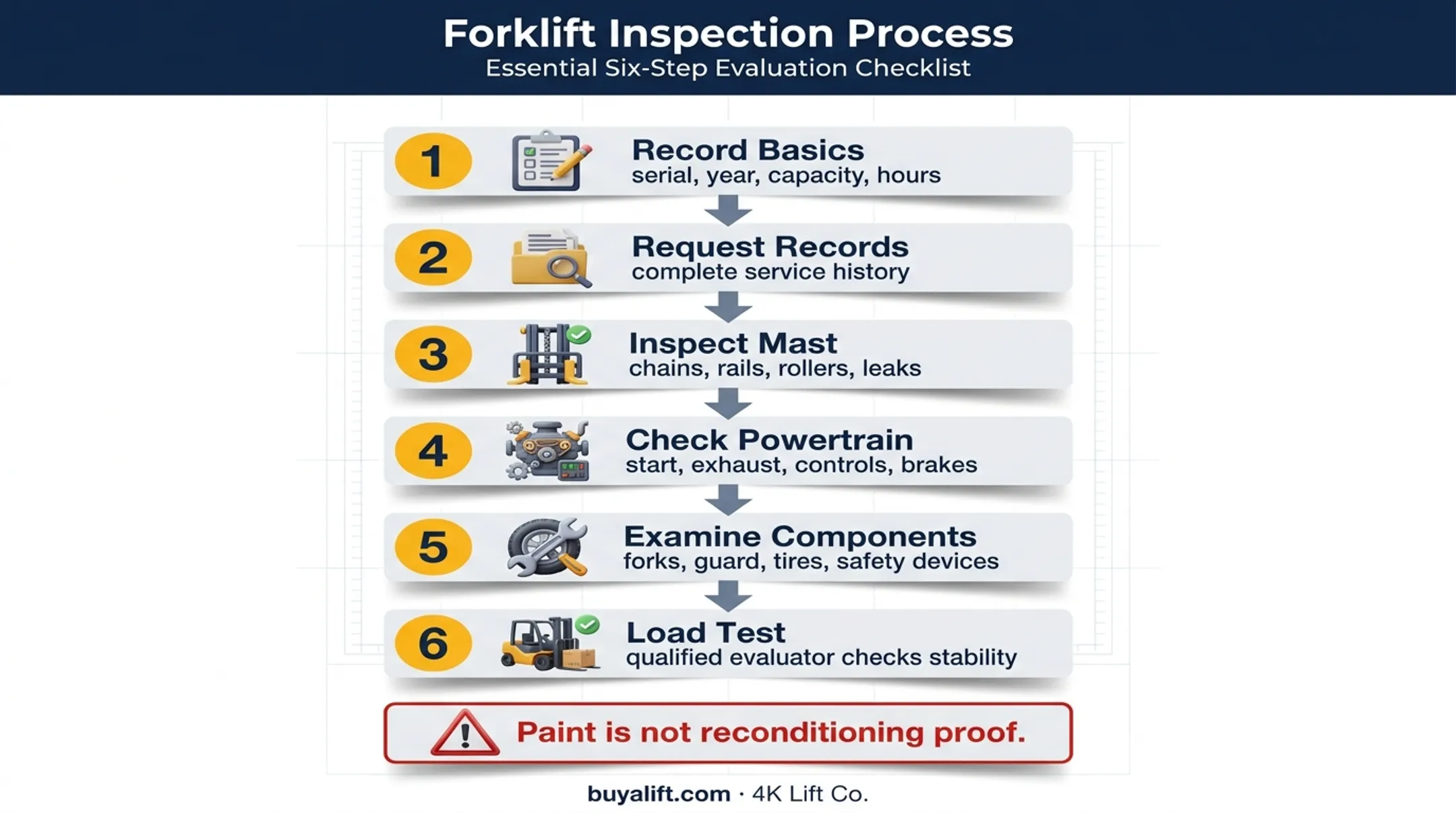 Six-step used GC40K forklift inspection process checklist